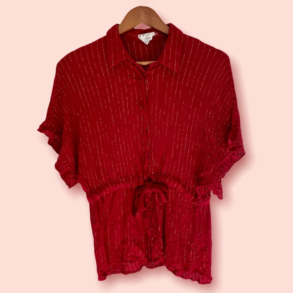Red and gold pinstripe button down cinched waist blouse